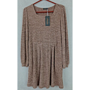 New Ofeefan sz L Babydoll Fit & Flare Dress knit browns ls soft stretchy 1612